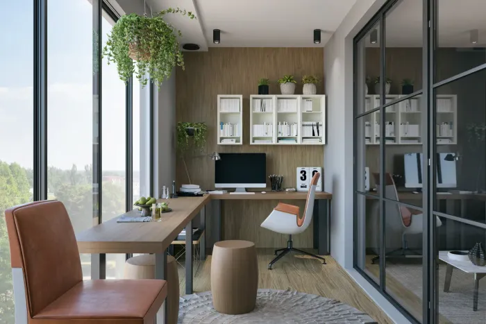 Modern glass-walled backyard office studio interior in a Toronto garden