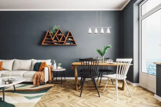 Garden suite living area with herringbone floors in Leslieville, Toronto